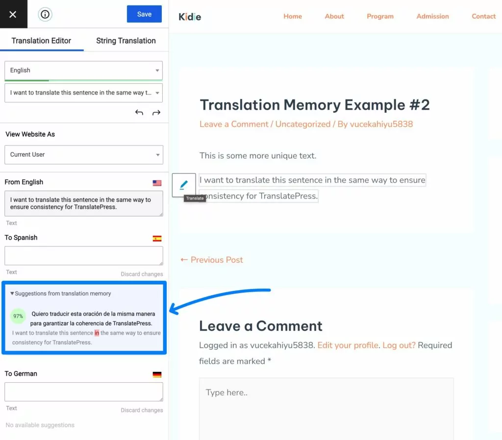 Das integrierte Translation-Memory-System in TranslatePress