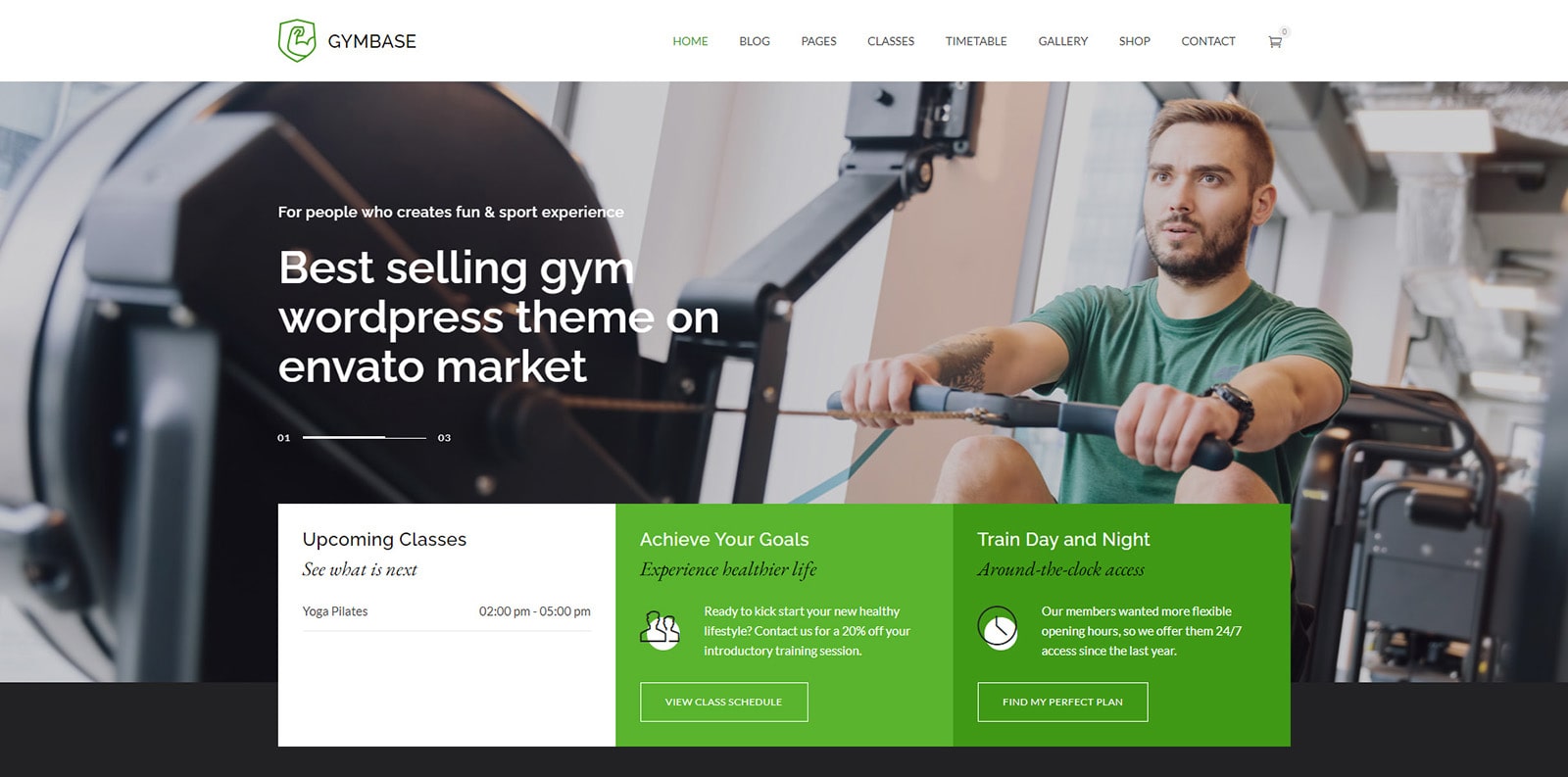 مرئي لـ GymBase، وهو قالب WordPress فعال وسهل التحرير للصالات الرياضية.