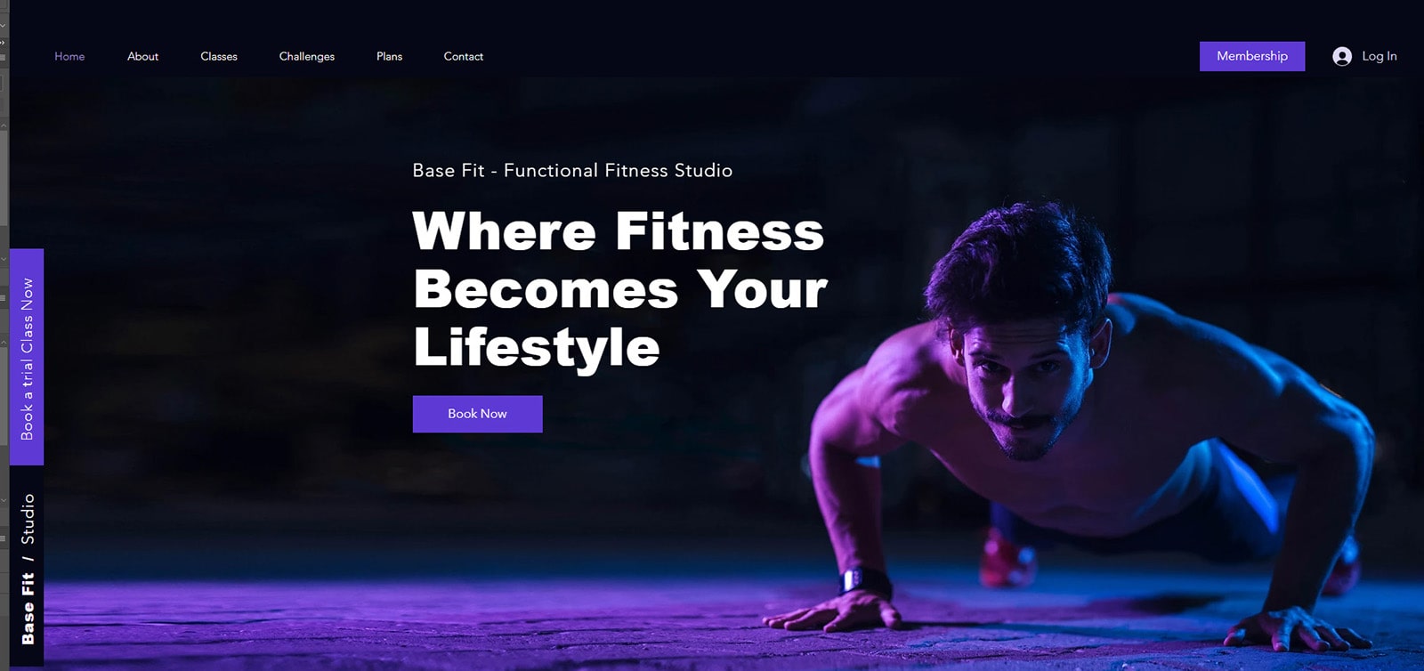 Grafik Base Fit, templat Wix yang menawarkan desain situs web gym yang bersih.