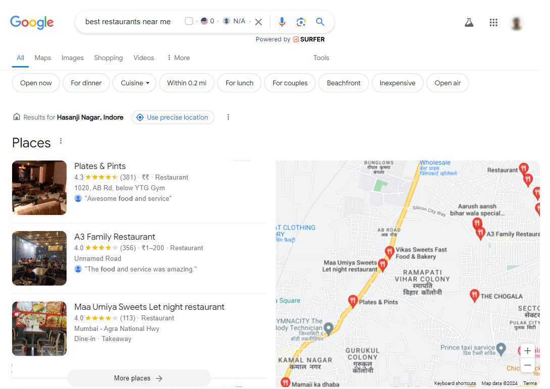 "Yakınımdaki Restoranlar" İçin Yerel Google Arama Sonuçları