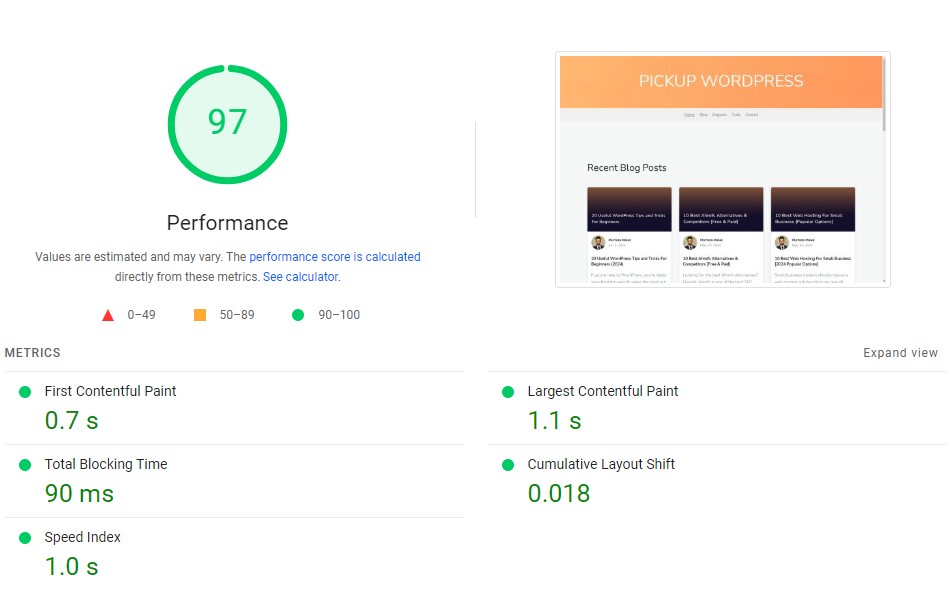 คะแนนเดสก์ท็อป PageSpeed ​​Insights สำหรับ "Pickup WP"