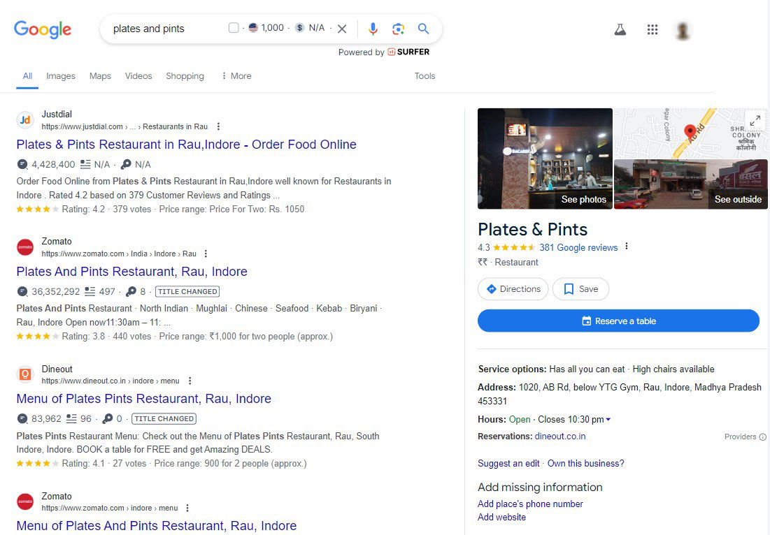 Perfil comercial de Google para "Platos y pintas"