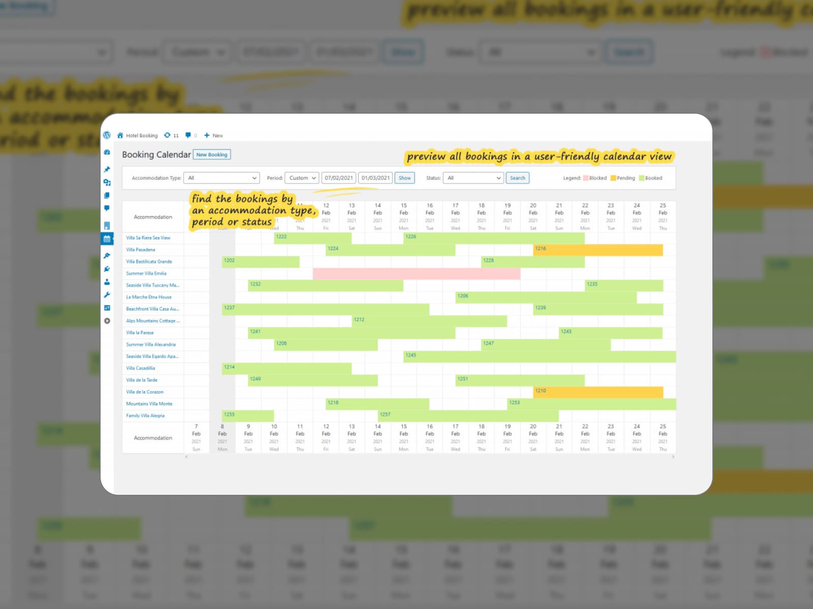 MotoPress による WordPress 予約プラグインの色分けされたカレンダー。