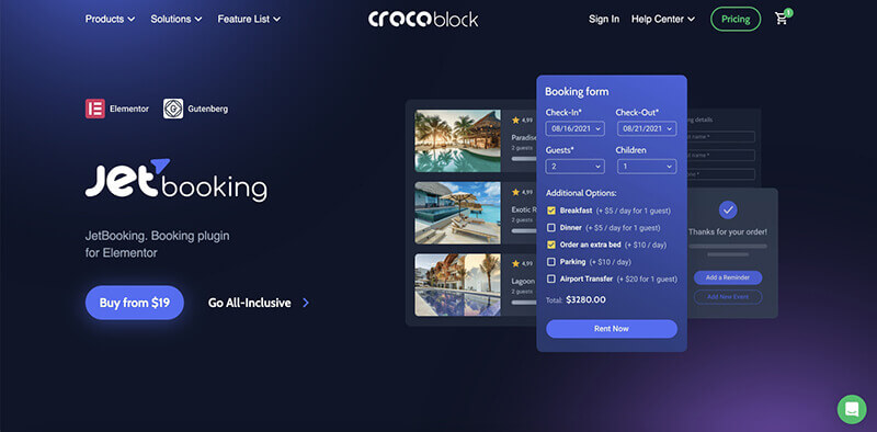 Page d'accueil du plugin JetBooking