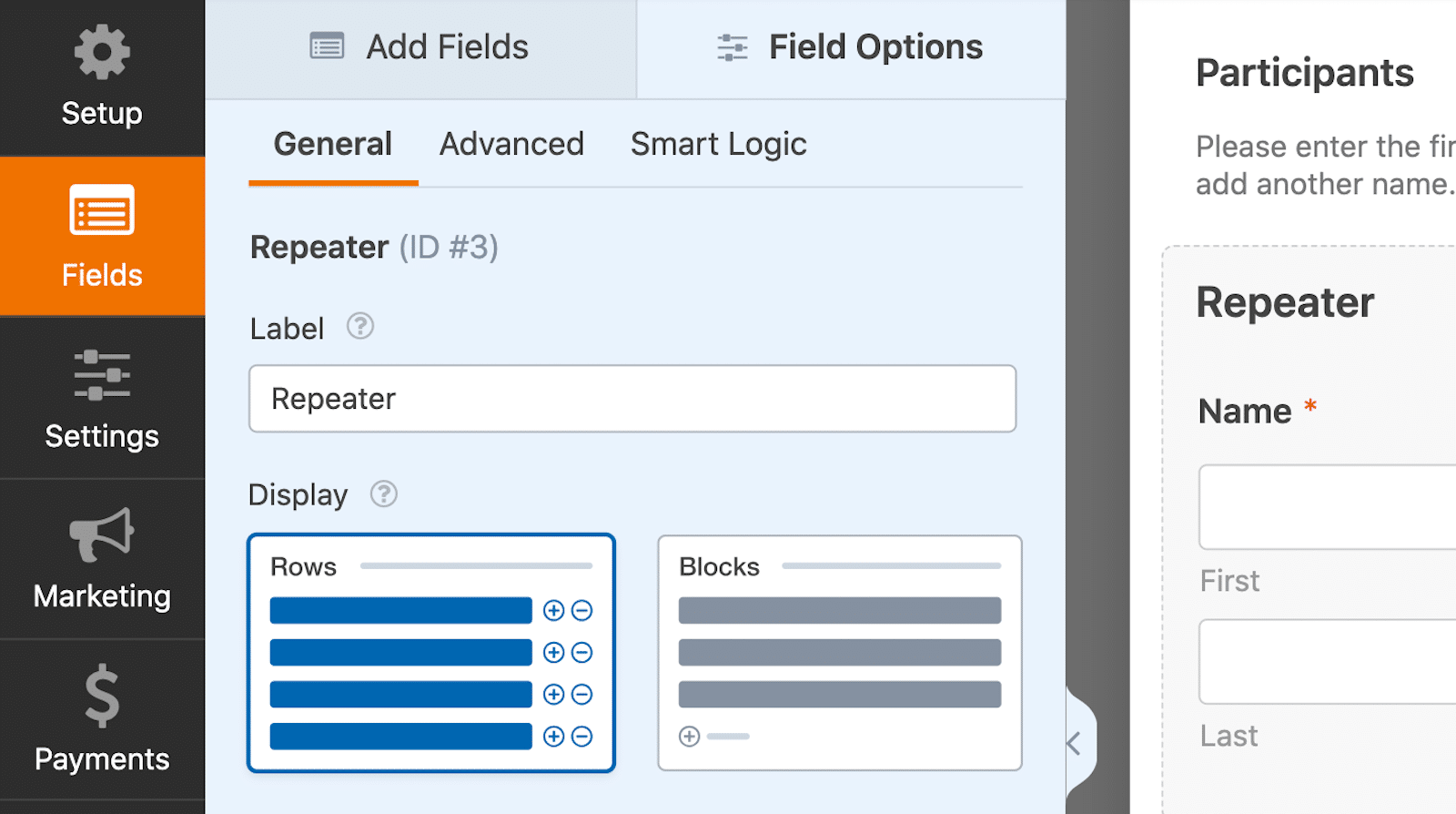 Selecting the Repeater field to display rows