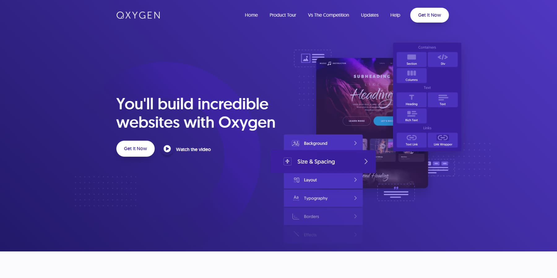 Une capture d'écran de la page d'accueil d'Oxygen Builder