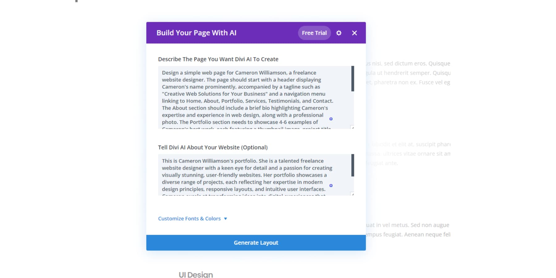 Tangkapan layar opsi AI Divi untuk membangun situs web