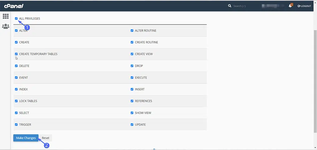 Assign all privileges to a new database user created in cPanel for WordPress.