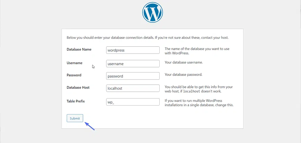 Entering database connection details