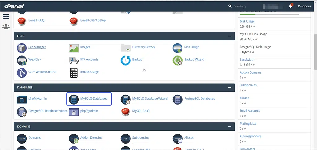 MySQL database Option in cPanel