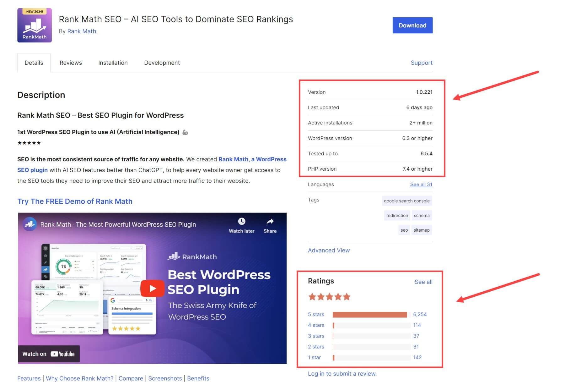 especificações e classificações do plugin para Rank Math