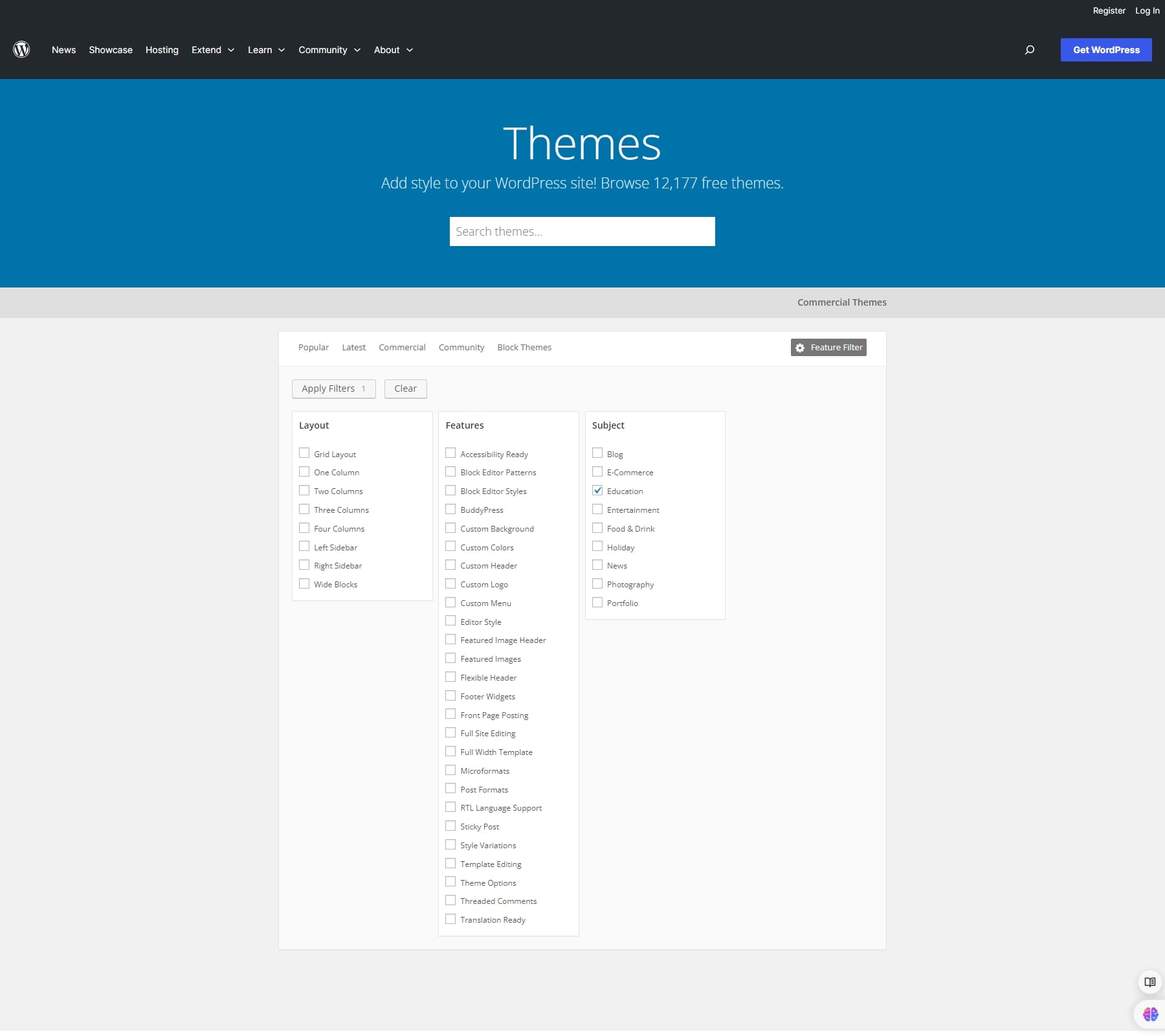 filtro de pesquisa de temas wordpress