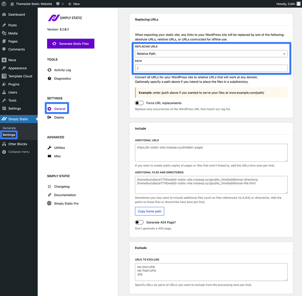 Les paramètres du plugin Simply Static pour créer un site WordPress statique