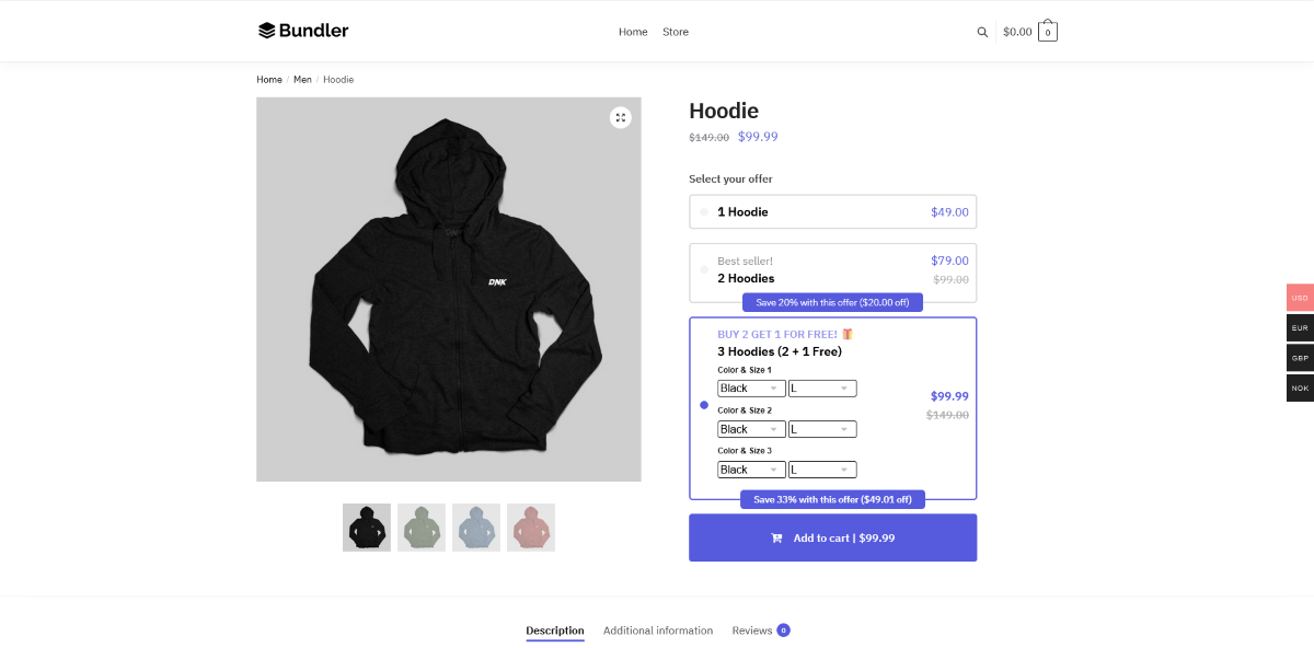 Le front-end d’une boutique WooCommerce affichant des échantillons Bundler mettant en évidence une remise sur les produits.