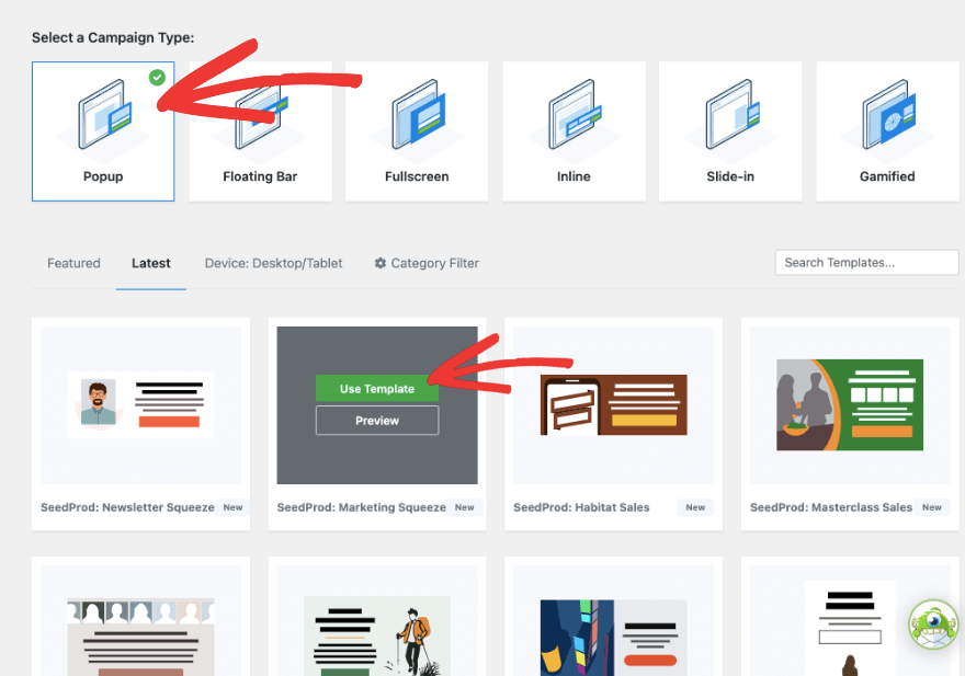 Pilih popup dan template di OptinMonster