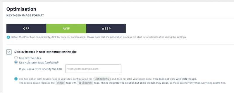 การแปลง AVIF และ WebP - ที่มา: Imagify