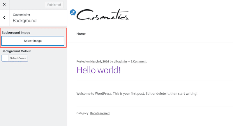 Arka planı değiştirme ve bir görsel seçme - Kaynak: WordPress yöneticisi