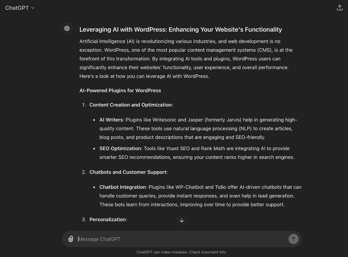 L'interface ChatGPT, affichant un article généré.