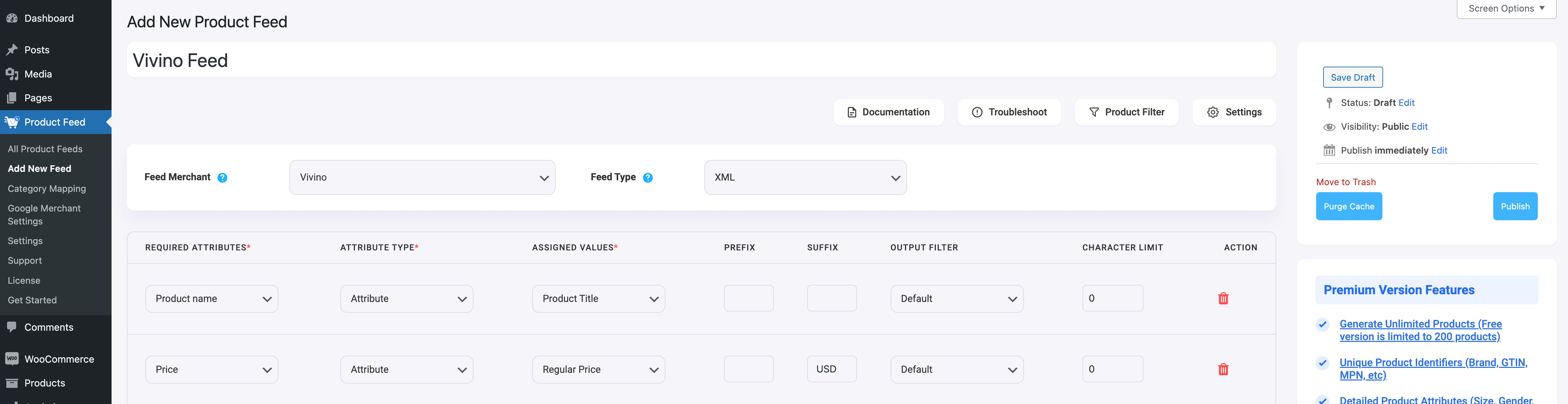 Butoanele de configurare Product Feed Manager