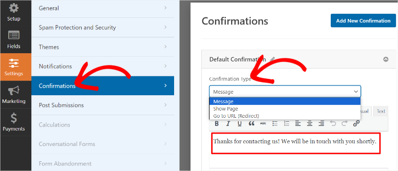 wpforms create confirmation message