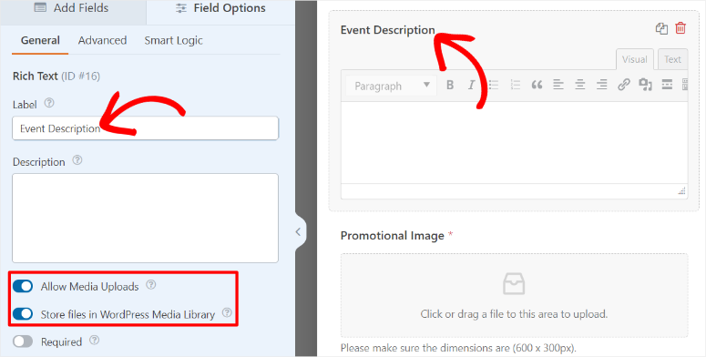 wpforms event description rich text