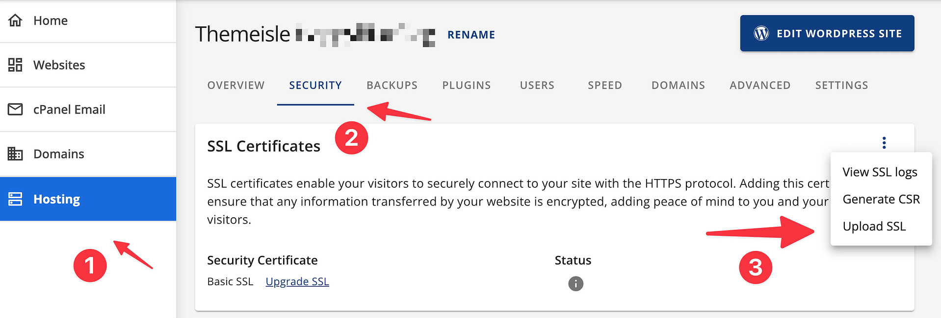 Bluehost อัพโหลด SSL