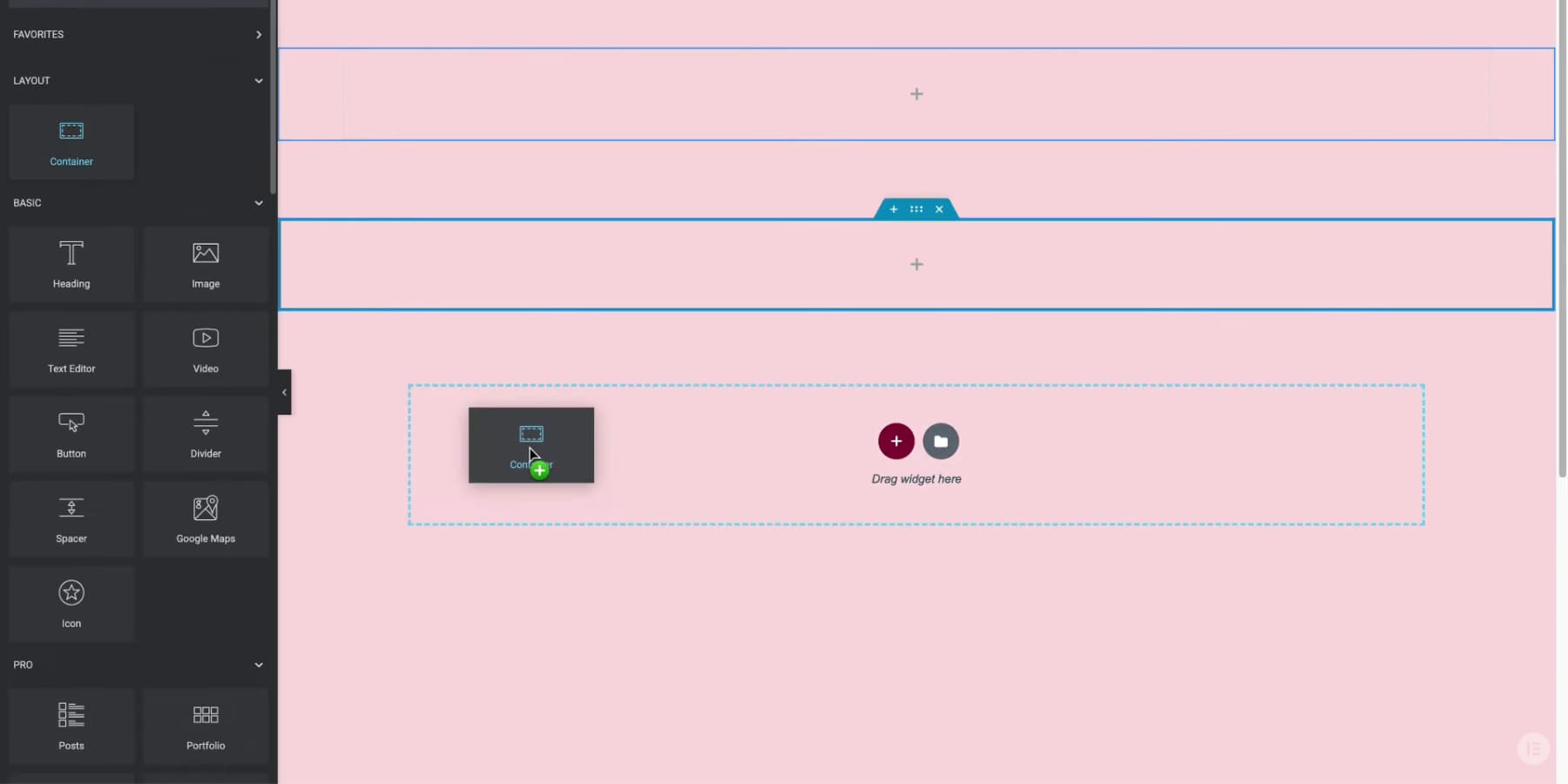 Elementor'un flexbox kapsayıcısının tuvale eklenmesini gösteren ekran görüntüsü