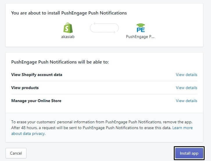 Installez l'application de notifications push Shopify