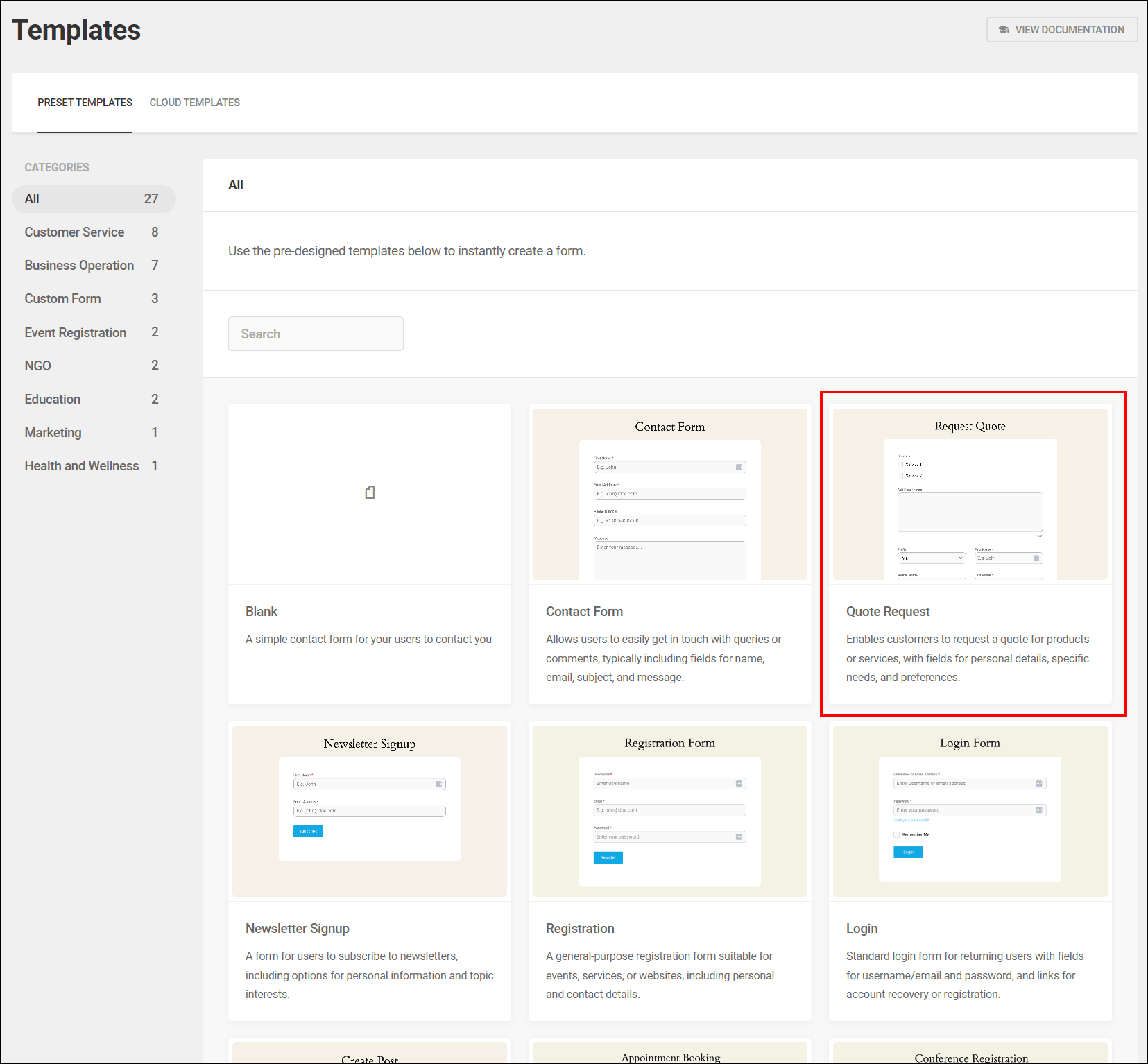 Forminator - Modelos - Modelo de solicitação de orçamento em destaque.