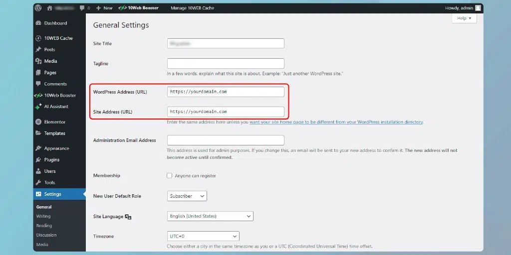 Checking the WordPress Address and Site Address settings