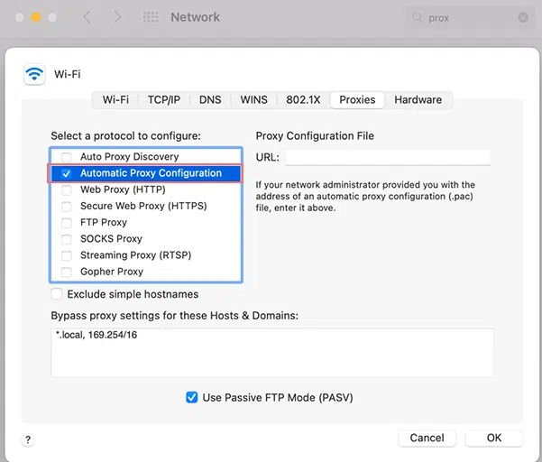 Turning on Automatic Proxy Configuration for macOS