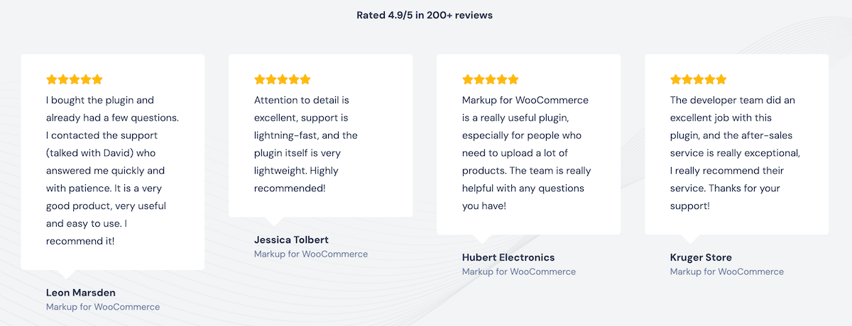 Marcado para reseñas de WooCommerce en un sitio web que muestra 5 estrellas en varios clientes.