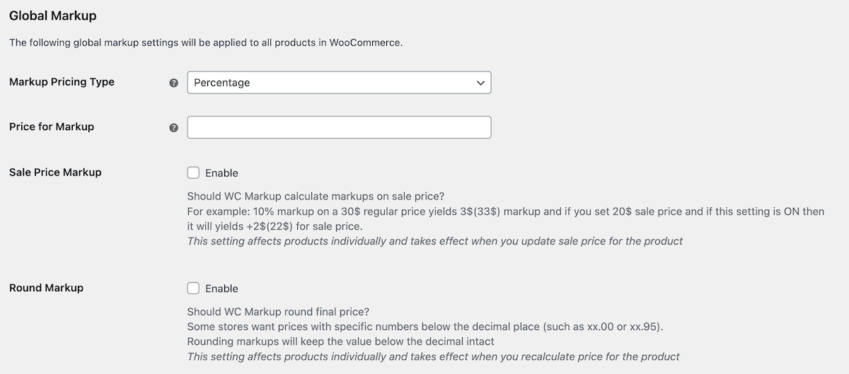 Configure los ajustes de Marcado global dentro de Marcado para WooCommerce. Estas configuraciones se aplican a todos los productos de su tienda WooCommerce.