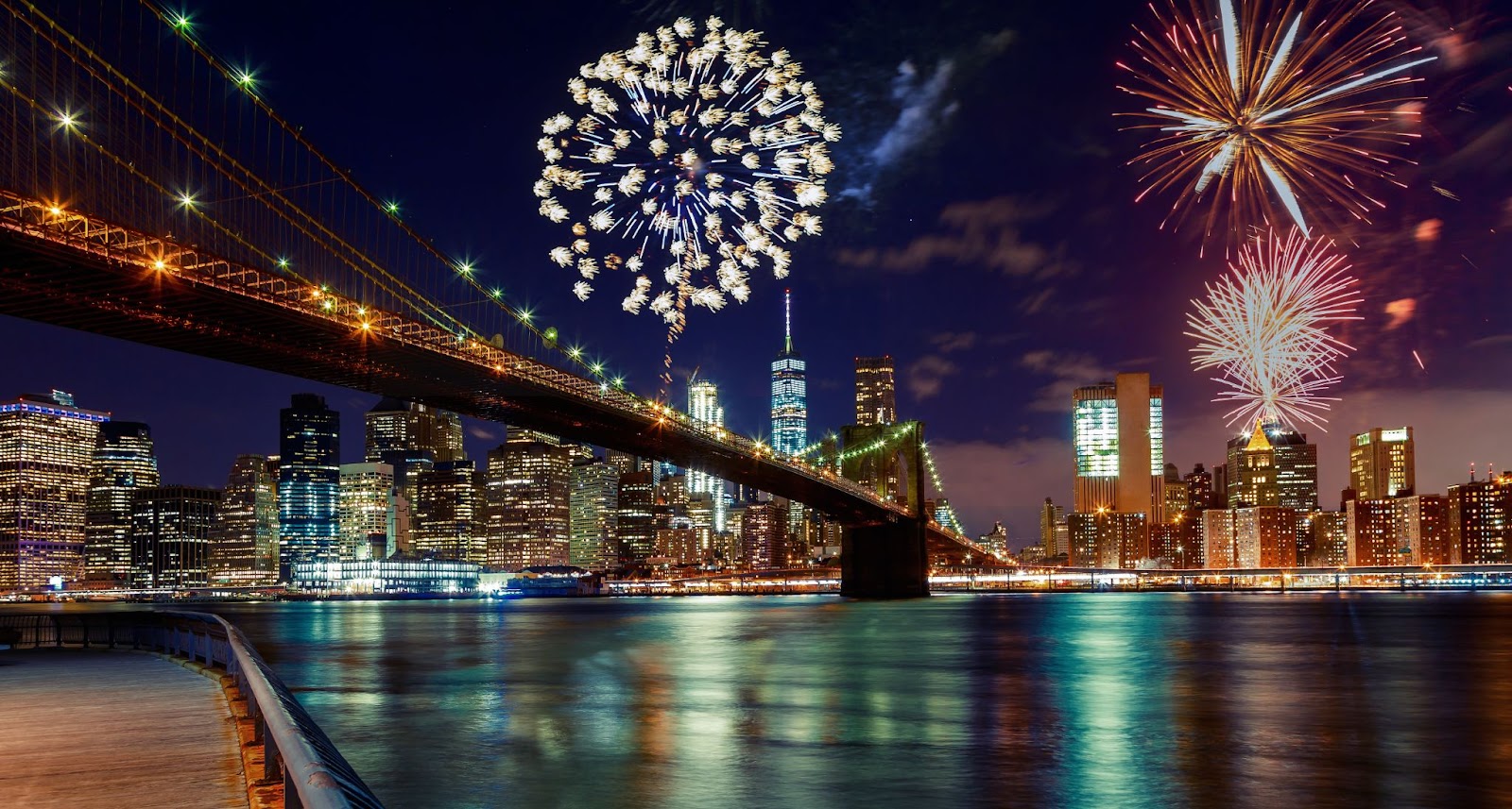 Vue de feux d'artifice qui se déclenchent au-dessus des toits d'une ville sur l'eau avec un pont au premier plan.