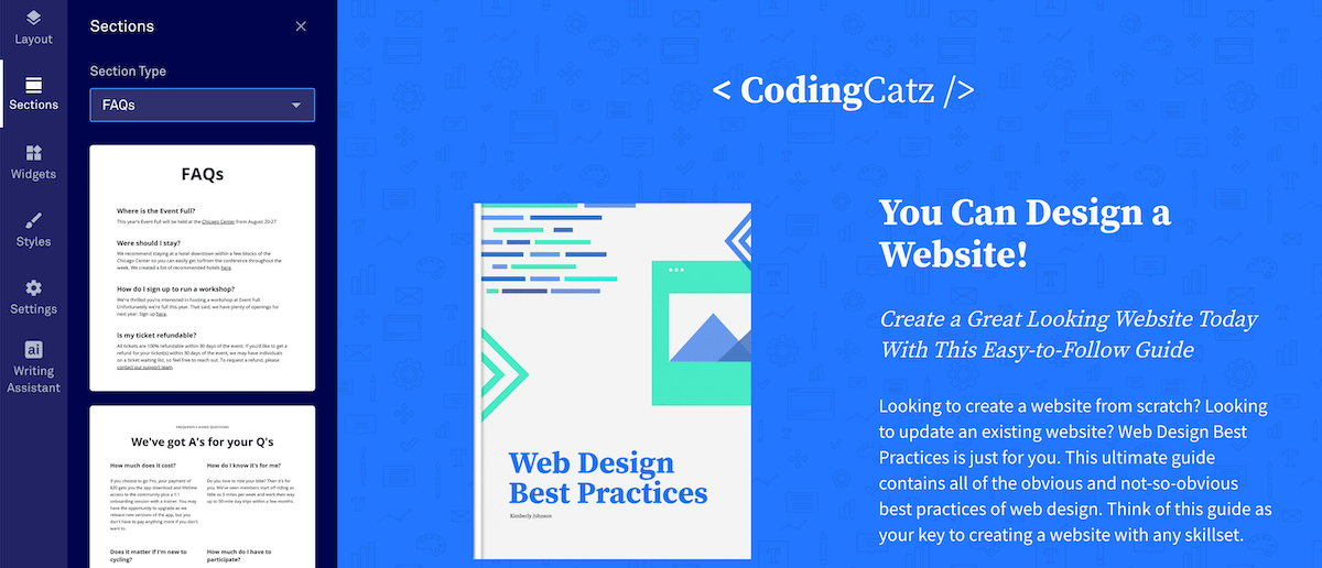 Visualize a guia Seção para adicionar novas seções à sua página, como perguntas frequentes, cronômetros de contagem regressiva e muito mais.