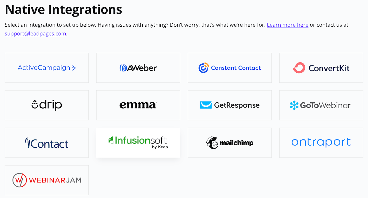 Integre su página de destino con una plataforma popular de marketing por correo electrónico o CRM.