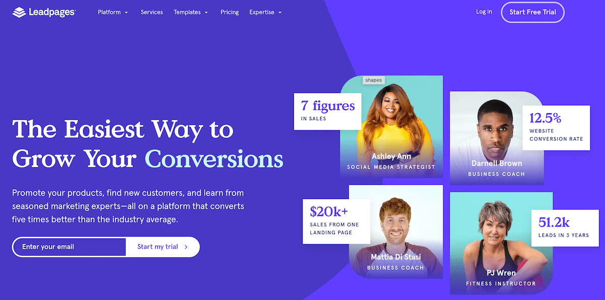 A página inicial do construtor de landing page Leadpages.