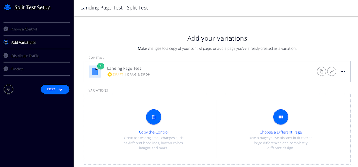 Créez un test A/B d'une page de destination existante pour améliorer vos conversions.