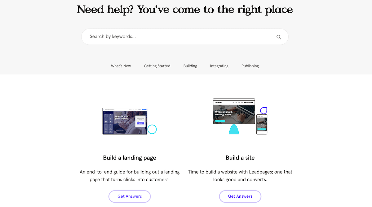 La knowledge base di Leadpages include una serie di tutorial su come iniziare, creare la tua landing page, aggiungere integrazioni e pubblicare.