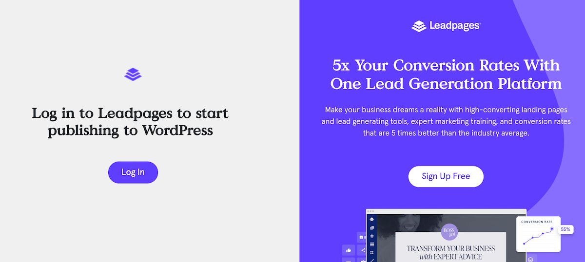 สร้างบัญชีใหม่หรือเข้าสู่บัญชี Leadpages ของคุณภายในแดชบอร์ด WordPress ของคุณ