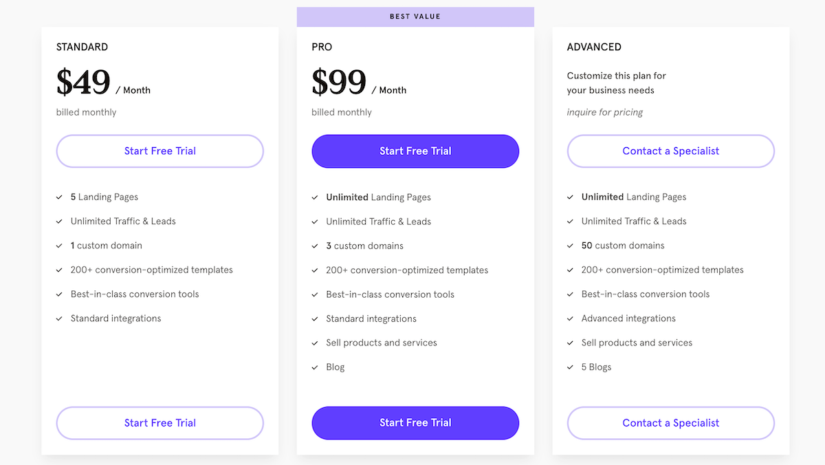 Leadpages offre due piani tariffari principali. Lo standard parte da $ 49 al mese e il Pro parte da $ 99 al mese. È possibile uno sconto se pagato annualmente.