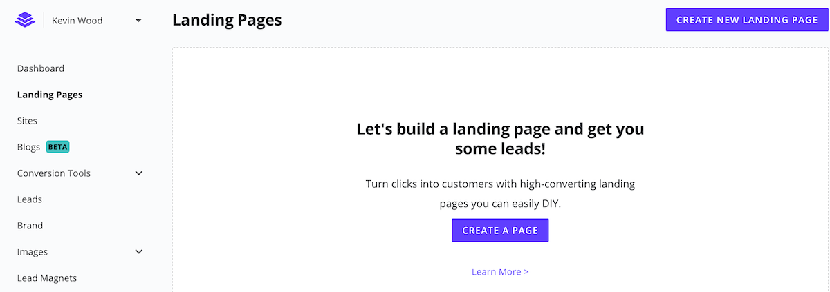 Erstellen Sie eine neue Landingpage im Leadpages-Dashboard.