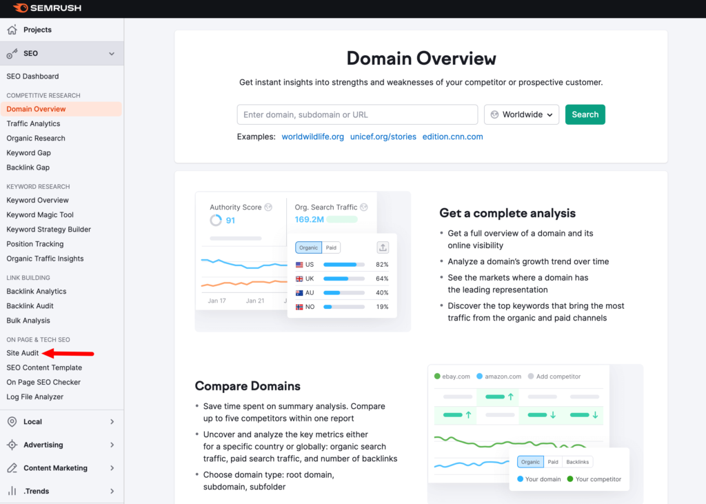 นี่คือภาพหน้าจอของตัวเลือก Site Audit ของ SEMRush