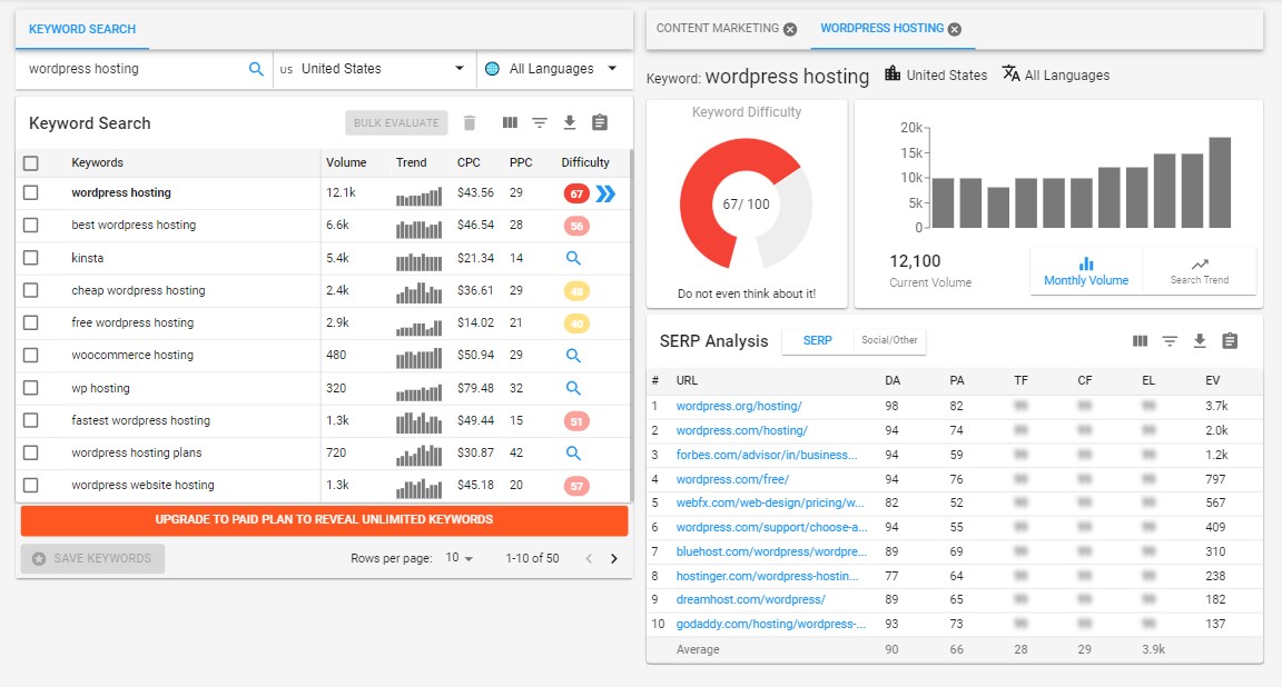 Anahtar Kelime Ortaya Çıkarıcıda "WordPress Hosting" için Anahtar Kelime Arama