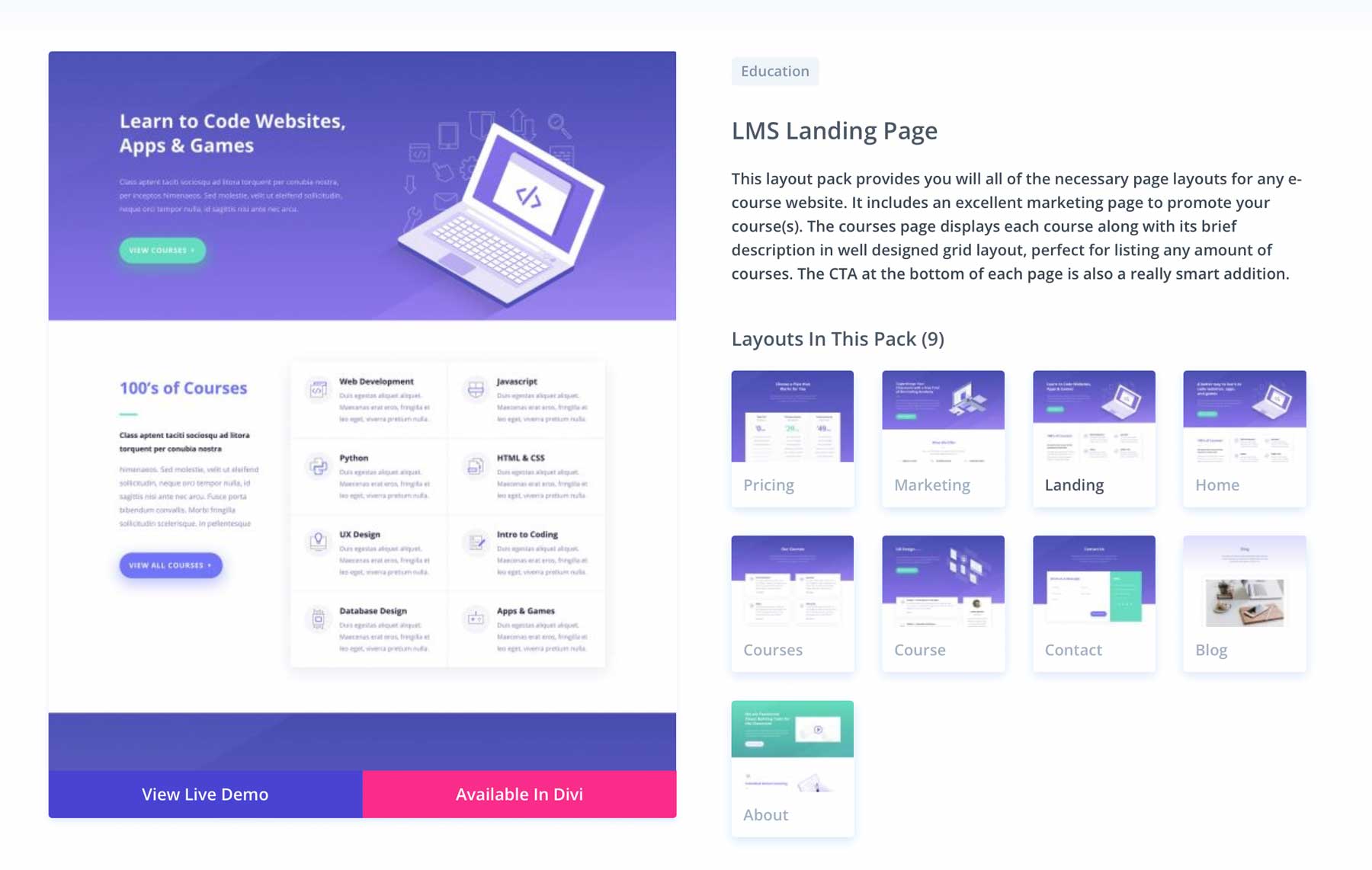 Pack de mise en page LMS pour Divi