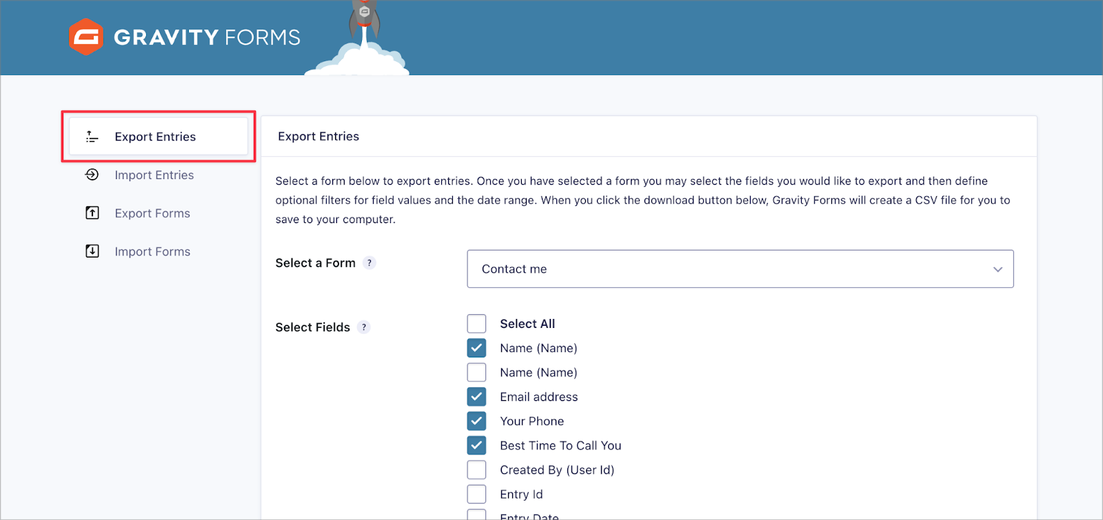 Ecranul „Export Entries” din Gravity Forms