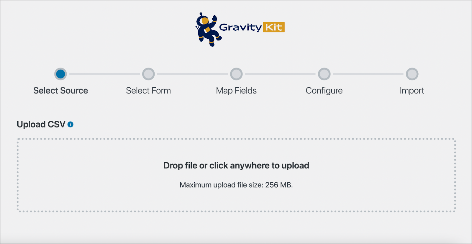 GravityImport 프로세스의 첫 번째 단계입니다. 항목의 CSV를 업로드하는 상자가 있습니다.