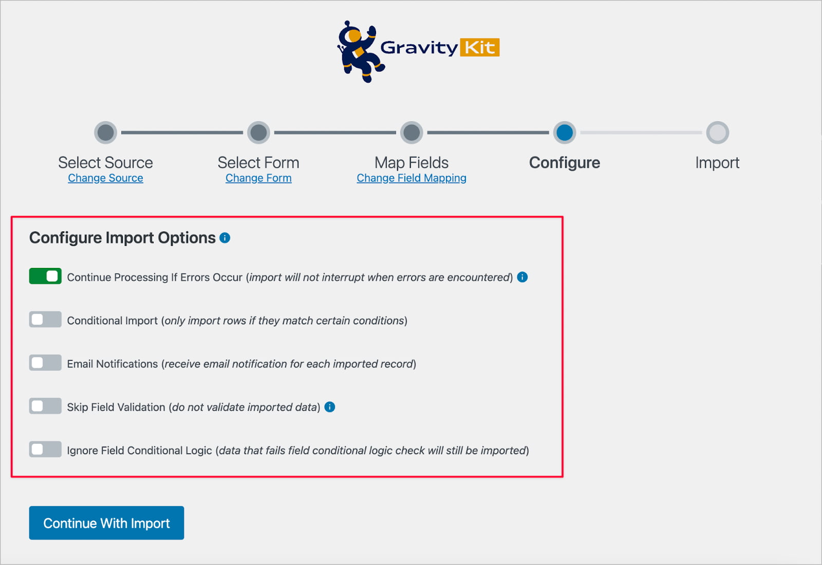 Opțiunile de import din GravityImport; Există 5 comutatoare diferite care vă permit să activați diferite setări și să personalizați procesul de import