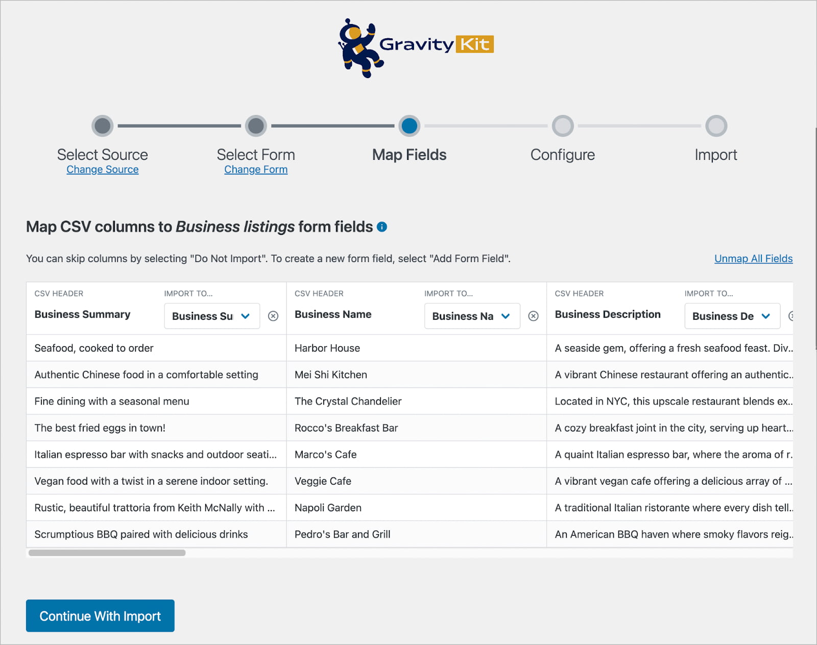 Pasul „Map Fields” din procesul de import GravityImport; există o prezentare generală a conținutului fișierului CSV încărcat, cu un câmp drop-down pentru a selecta un tip de câmp.