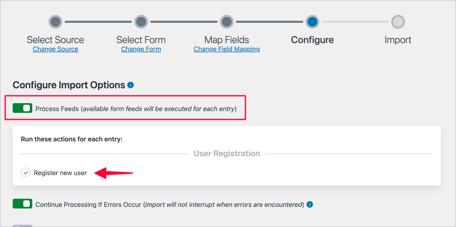 Um botão de alternância denominado 'Process Feeds'; abaixo está um feed intitulado 'Registrar novo usuário'